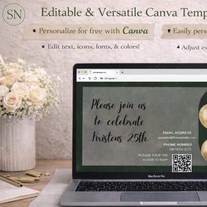 May include: A MacBook Pro laptop displays a Canva template mockup for an invitation. The screen shows a party invitation with gold balloons. Text on the screen reads "Please join us to celebrate Kristens 25th." The laptop is on a wooden surface.