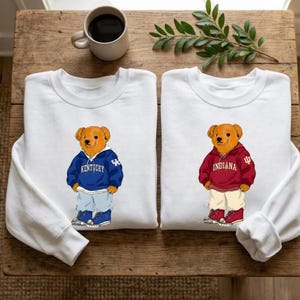 Custom University Teddy Bear Graphic Sweatshirt. Personalized College Crewneck Shirt. Alumni Gift. College Merch. University Game Day Tee.