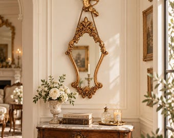 Vintage Style Gold Wall Mirror, Ornate Baroque Rococo Mirror, French Cherub Decor, Antique Inspired Bedroom Entryway Statement Mirror