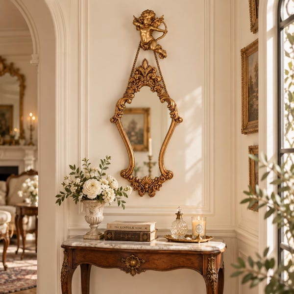 Vintage Style Gold Wall Mirror, Ornate Baroque Rococo Mirror, French Cherub Decor, Antique Inspired Bedroom Entryway Statement Mirror