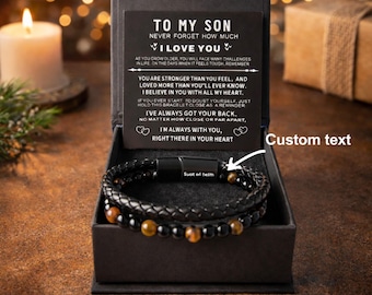 Personalized Leather Bracelet for Son – Custom Engraved Gift from Mom, Meaningful Love Message Bracelet, Birthday Gift for Him