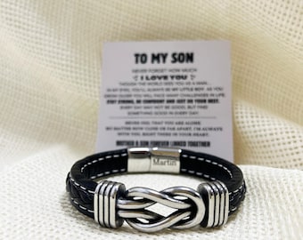 Cadeauset zoon oneindige knooparmband met gegraveerde naam, gepersonaliseerde sieraden, cadeau van moeder op zoon, betekenisvol verjaardagsafstudeercadeau