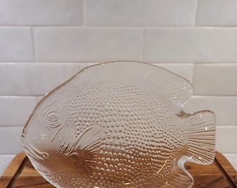 VTG Arcoroc France Tempered Glass Fish Shaped Small Plate 6.5” Long Pressed Glass