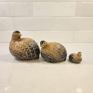 Può includere: Tre statuette di quaglie in ceramica di diverse dimensioni. Gli uccelli sono principalmente marroni con dettagli neri sulle ali e sulla testa. Le statuette sono disposte dalla più grande alla più piccola, mostrando un tema familiare.