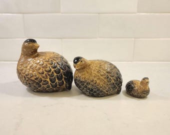 Vintage Otagiri Japan Ceramic Quail Figurine Set of 3 - OMC Brown Stoneware Partridge Bird Family - Mid Century Modern Nature Decor