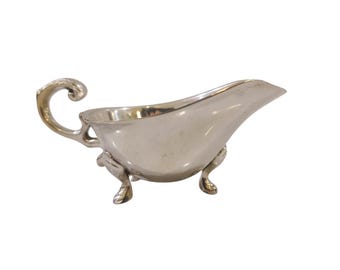 Vintage Silver Plated Gravy Boat Sauce Saucier | Georgian Ornate 3 Footed Clawfoot Oval Unmarked Scroll Handle