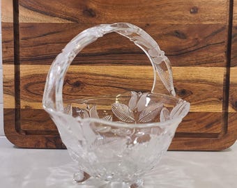 Vintage Polish Lead Crystal Basket Bowl, Frosted Tulip Pattern with Handle, 3-Footed Bridal Centerpiece