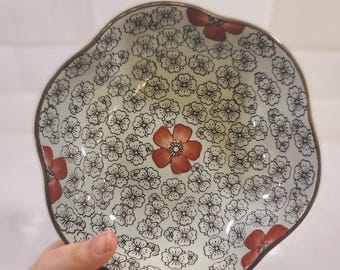 Vintage Style Japanese Mino Ware Scalloped Bowl - Red Plum Blossom Ume Floral Motif - Red Prosperity Ceramic Serving Dish