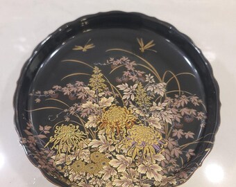 Vintage Shibata Tenmoku-Kiku Black Porcelain Dish, Scalloped Gold Rim Plate with Dragonflies and Chrysanthemums
