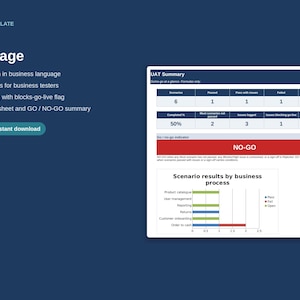 May include: An Excel template for a UAT Package featuring a summary table with scenario metrics, a red NO-GO indicator, and a bar chart titled Scenario results by business process. The text lists UAT plan, scenarios, issue log, and sign-off sheet.