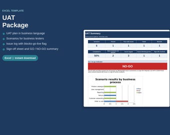 UAT Template Excel | User Acceptance Testing Plan, Test Scenarios, Issue Log and Sign-off Sheet with Go No-Go Summary