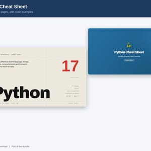 May include: A digital Python Cheat Sheet document featuring 17 sections and 14 pages. The design includes a cream-colored page with the word Python in large black text, the number 17 in red, and a blue page with a snake icon and white text.