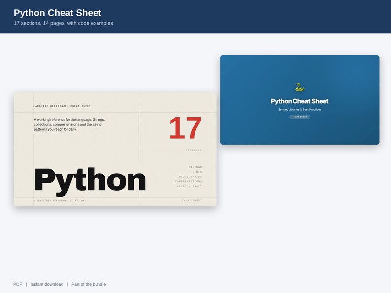 May include: A digital Python Cheat Sheet document featuring 17 sections and 14 pages. The design includes a cream-colored page with the word Python in large black text, the number 17 in red, and a blue page with a snake icon and white text.
