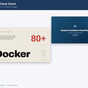 May include: A digital Docker cheat sheet featuring a beige cover with the text Docker and 80+ commands, alongside a dark blue rectangular graphic displaying the text Docker & Containers Cheat Sheet with a small whale icon and subtext.