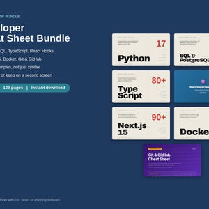 Pacote de Guias de Consulta Rápida de Programação, 7 PDFs para Imprimir | Python, SQL, TypeScript, React Hooks, Next.js, Docker, Git | Referência para Desenvolvedores
