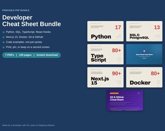 Programming Cheat Sheet Bundle, 7 Printable PDFs | Python, SQL, TypeScript, React Hooks, Next.js, Docker, Git | Developer Reference