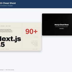 May include: A Next.js 15 cheat sheet digital document featuring a cream-colored cover with bold black text reading Next.js 15 and a large red 90+ symbol. A secondary black rectangular cover displays the white text Next.js Cheat Sheet.