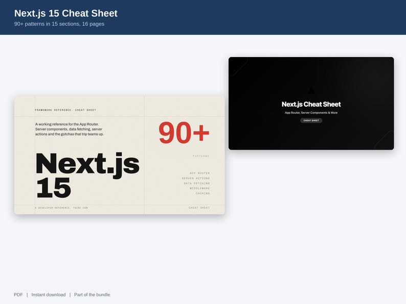 May include: A Next.js 15 cheat sheet digital document featuring a cream-colored cover with bold black text reading Next.js 15 and a large red 90+ symbol. A secondary black rectangular cover displays the white text Next.js Cheat Sheet.