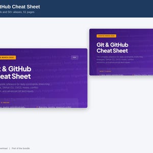 May include: A digital Git & GitHub Cheat Sheet document featuring a purple gradient background with white text. The cover displays the title, a March 2024 update tag, and a summary of contents including commands, branching strategies, and Git techniques.