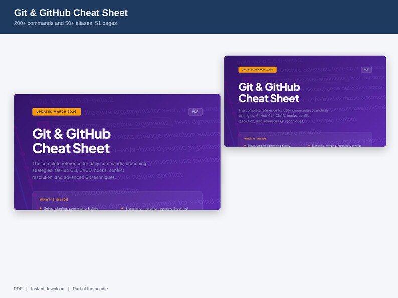 May include: A digital Git & GitHub Cheat Sheet document featuring a purple gradient background with white text. The cover displays the title, a March 2024 update tag, and a summary of contents including commands, branching strategies, and Git techniques.