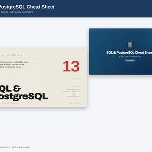 May include: A digital SQL & PostgreSQL cheat sheet document featuring 13 sections and 12 pages. The design includes a cream-colored layout with bold black text, a large red number 13, and a separate dark blue rectangular cover graphic.