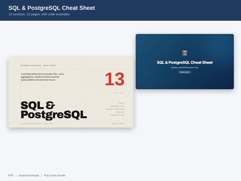 May include: A digital SQL & PostgreSQL cheat sheet document featuring 13 sections and 12 pages. The design includes a cream-colored layout with bold black text, a large red number 13, and a separate dark blue rectangular cover graphic.