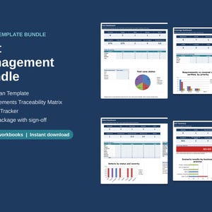 Op de afbeelding: Een Excel-sjabloonbundel voor testbeheer met vier werkmappen, waaronder een testplan, traceerbaarheidsmatrix voor vereisten, defecttracker en UAT-pakket. De weergave toont diverse dashboards, gegevenstabellen, cirkeldiagrammen en staafdiagrammen.