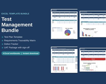 Software Test Management Excel Template Bundle | Test Plan, Traceability Matrix, Defect Tracker, UAT Sign-off | QA Templates