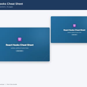 May include: A digital React Hooks Cheat Sheet document featuring a blue gradient background, a purple React logo icon, and white text that reads React Hooks Cheat Sheet, useState, useEffect & Custom Hooks, and Cheat Sheet on two rectangular cards.
