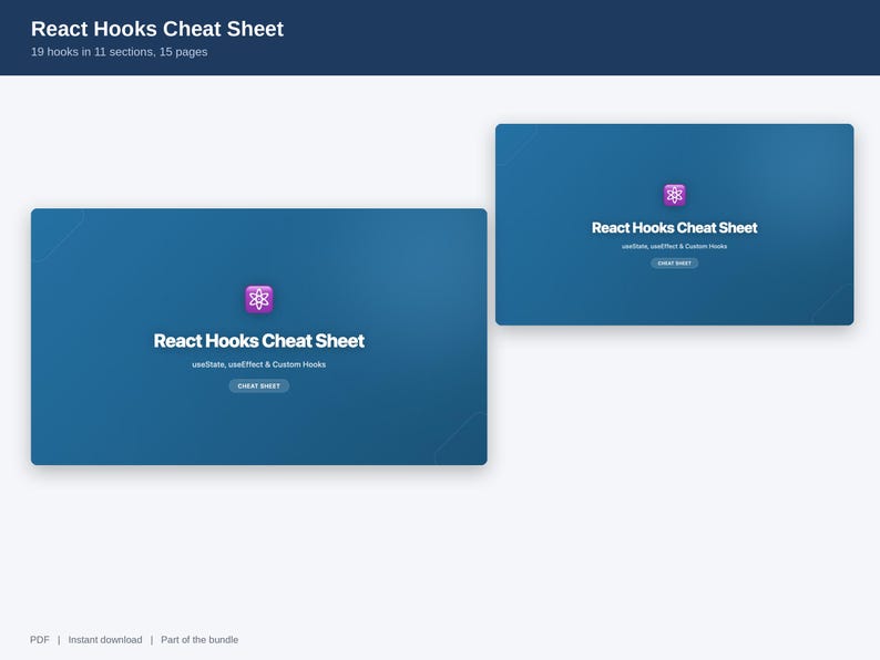 May include: A digital React Hooks Cheat Sheet document featuring a blue gradient background, a purple React logo icon, and white text that reads React Hooks Cheat Sheet, useState, useEffect & Custom Hooks, and Cheat Sheet on two rectangular cards.