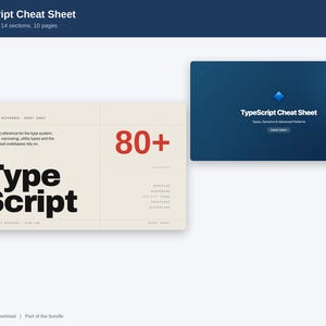 May include: A TypeScript Cheat Sheet digital document featuring a cream-colored page with bold black text reading Type Script and red text 80+, alongside a dark blue rectangular cover graphic with a blue diamond icon and white text.