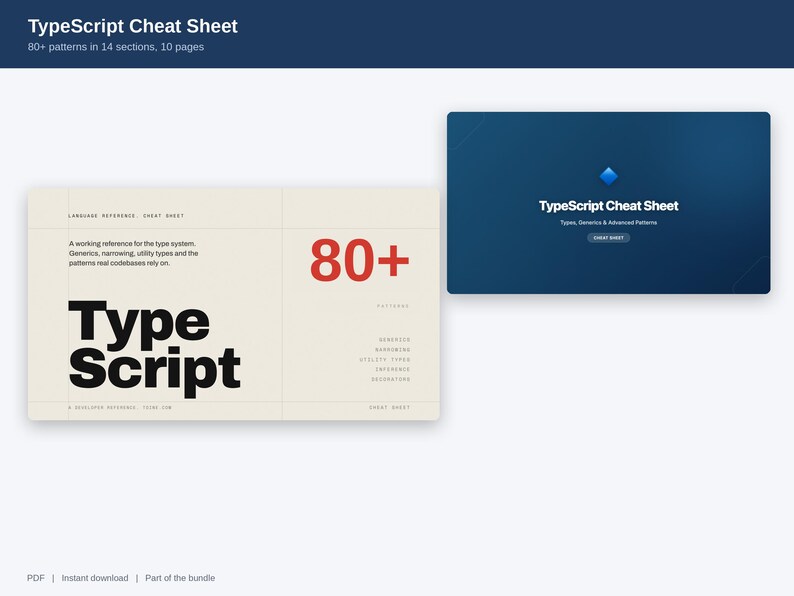 May include: A TypeScript Cheat Sheet digital document featuring a cream-colored page with bold black text reading Type Script and red text 80+, alongside a dark blue rectangular cover graphic with a blue diamond icon and white text.
