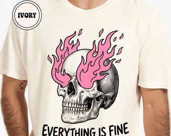 Camiseta Todo Está Bien, Camiseta Divertida con Gráfico de Calavera, Ropa Gótica Pastel Llama Rosa, Humor sobre Salud Mental, Colores Confortables Meme Irónico de Agotamiento