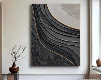 Peinture à l'huile artisanale à texture fluide noire et or, art mural moderne minimaliste industriel wabi-sabi