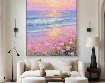 Purple Wildflower Ocean Sunrise Art,Pink and Gold Soft Pastel Coastal Landscape Canvas Wall Decor Art