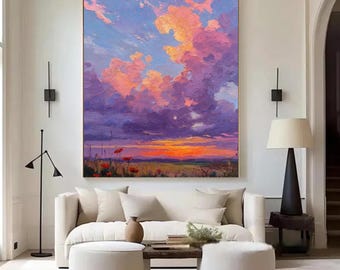 Origineel handgeschilderd olieverfschilderij van een zonsondergang, met een dikke textuur, moderne wanddecoratie.
