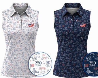 Patriotic Golf Polo Couple Shirts, 250 Years America Golf Outfit, Matching USA Golf Polos, Sleeveless Women Polo & Men Polo Set, Couple Polo