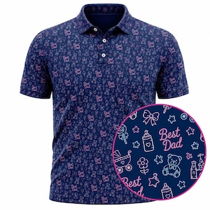 Best Dad Golf Polo Shirt, Father’s Day Gift Polo, Cute Dad Baby Icons Shirt, Teddy Bear Stroller Pattern Polo, Golf Lover Dad Apparel Gift