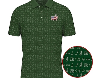 Golf Items Pattern Polo Shirt for Men, Green Golf Pattern Polo, USA Golf Pinting logo Polo, Country Club Golf Shirt, Golf Lover Gift For Him