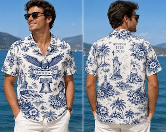 America  250th Anniversary Hawaiian Shirt, Patriotic Toile Print Button Up Shirt, USA 1776 2026 Aloha Shirt, Fourth of July Beach Men Shirt