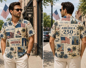 Vintage America 250th Day Hawaiian Shirt, Patriotic Postcard Button Up Shirt, USA 1776 2026 Retro Vacation Shirt, Fourth of July Aloha Shirt
