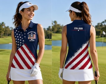 Patriotic Sleeveless Golf Polo Shirt Women, USA Flag 1776-2026 Polo Top, American Independence Golf Tank, Fourth of July Country Club Shirt