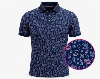 Men’s “Girl Dad” Polo Shirt, Cute Baby Pattern Tee, Playful Teddy, Balloon Castle Print, Front & Back Pattern, Polyester Summer Golf Shirt