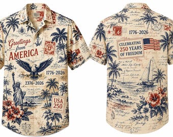 Vintage Americana Hawaiian Shirt, Patriotic USA 250 Year Celebration, Eagle Statue Liberty Print, 4th of July Beach Shirt, Men Summer Shirt