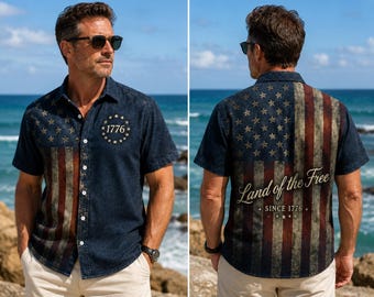 Vintage American Flag Hawaiian Shirt, 1776 Patriotic Button Up, USA Independence Day Shirt, Summer Beach Shirt for Men, 4th of July Outfit