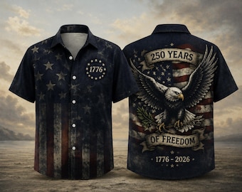 Patriotic Eagle Hawaiian Shirt, 250 Years Of Freedom Button Up Shirt, American Flag Eagle Shirt, USA 1776 2026 Polyester Beach Shirt Gift