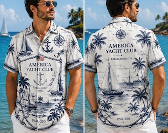 Nautical Hawaiian Shirt, America Yacht Club Vintage Print, Patriotic Beach Shirt, Sailboat Americana Tee, 4th of July Summer Shirt for Men