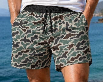 Camo Mesh Shorts for Men, Camouflage Beach Shorts, Elastic Waist Drawstring Shorts, Summer Swim Trunks, Hunting Style Athletic Shorts Gift