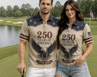 Patriotic 250 Years of America Polo Shirt, Western Americana Golf Polo for Men Women, Vintage Eagle USA 1776 2026 Independence Unisex Shirt