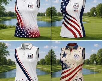 Patriotic Sleeveless Golf Polo Shirt for Women, America 250 Anniversary Golf Top 1776-2026, USA Flag Golf Outfit, 4th of July Country Club
